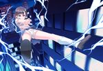  armpit_peek biribiri brown_eyes brown_hair building coin electricity foreshortening lightning loafers loose_socks misaka_mikoto motion_blur shoes short_hair shorts socks solo sweater_vest to_aru_kagaku_no_railgun to_aru_majutsu_no_index yasuto_(eria151) 