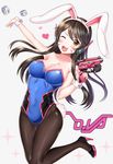  adapted_costume animal_ears arm_up armpits bangs bare_shoulders blue_leotard blush breasts brown_eyes brown_hair bunny_ears bunny_girl bunny_tail bunnysuit cleavage collarbone covered_navel cowboy_shot d.va_(overwatch) dice eyebrows eyebrows_visible_through_hair facepaint facial_mark fake_animal_ears fang groin gun hairband hand_up handgun heart high_heels highleg highleg_leotard highres holding holding_gun holding_weapon large_breasts leotard long_hair looking_at_viewer one_eye_closed open_mouth overwatch pantyhose simple_background sleeveless solo sparkle spoken_heart standing standing_on_one_leg strapless strapless_leotard tail thighs ubi_(ekdus6080) weapon whisker_markings white_background wrist_cuffs 