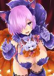  :d alternate_costume animal_ears black_nails breasts claw_pose commentary_request cowboy_shot dangerous_beast elbow_gloves fangs fate/grand_order fate_(series) fingernails fou_(fate/grand_order) fur_trim gloves hair_over_one_eye halloween halloween_costume hanging_breasts highres jack-o'-lantern lace lace-trimmed_thighhighs large_breasts lavender_eyes lavender_hair leaning_forward long_fingernails looking_at_viewer mash_kyrielight nail_polish nuqura open_mouth purple_gloves purple_legwear short_hair smile thighhighs wolf_ears 