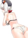  adapted_costume ass beret bikini blue_eyes breasts from_behind hat kantai_collection kashima_(kantai_collection) kfr large_breasts long_hair looking_back profile silver_hair simple_background solo swimsuit trefoil twintails wavy_hair white_background 