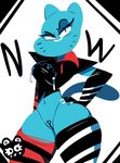  2016 anthro blue_fur bottomless breasts cartoon_network clitoris clothed clothing digital_media_(artwork) feline female fur legwear looking_at_viewer mammal nails navel nicole_watterson pose pussy raamskorge simple_background solo text the_amazing_world_of_gumball thigh_highs whiskers 