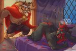  2016 amber_eyes anthro ass_up beast_(disney) beauty_and_the_beast bed black_fur blue_eyes brown_fur bulge canine chewycuticle derry disney doberman dog fur horn male male/male mammal penis precum presenting red_fur 
