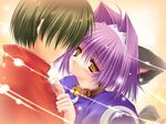  1boy 1girl amber_eyes animal_ears bell cat_ears catgirl collar game_cg hcg nekomimi puni_puni_handmaid purple_hair short_hair yellow_eyes 