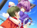  1girl :p animal_ears aoi_yuuji breast_press breast_smother breasts cat_ears cat_tail game_cg glasses green_hair hironao_(puni_puni_handmaid) kurohime_(puni_puni_handmaid) large_breasts puni_puni_handmaid purple_hair red_eyes short_hair smother tail tongue tongue_out yellow_eyes 