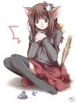  1girl animal_ears artist_request brown_hair cat_ears clockwork copyright_request green_eyes mouse ribbon scared solo sweatdrop tail thighhighs toy winding_key 