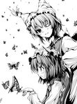  animal_ears bug butterfly cat_ears chen dress earrings fox_tail greyscale hat insect jewelry long_sleeves monochrome multiple_girls multiple_tails one_eye_closed pillow_hat short_hair smile tabard tail touhou white_background yakumo_ran yamamoto_nori 