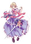  absurdres alice_margatroid blonde_hair blue_eyes book bow dress full_body gumitaroo highres lance long_hair maid_headdress polearm ponytail red_eyes ribbon shanghai_doll shoes short_hair solo string touhou transparent_background weapon wire 
