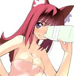  :q animal_ears breasts cat_ears cum hand_on_hip large_breasts long_hair milk naked_towel original purple_eyes red_hair sikorsky solo suggestive_fluid tongue tongue_out towel 