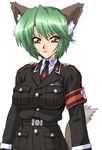  1girl animal_ears armband dog_ears doggirl game_cg green_hair hcg inumimi let's let's_meow_meow lets_meow_meow lowres meow minna_de_nyan_nyan necktie police red_eyes short_hair simple_background solo tie uniform 