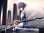  ayanami_rei blue_hair bodysuit computer guitar instrument laptop lin+ neon_genesis_evangelion plugsuit red_eyes short_hair solo wallpaper white_bodysuit 