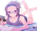  :&lt; ass bare_shoulders barefoot bed black_panties breasts brown_hair cleavage digital_media_player drawing feet forehead glasses hairband ipod kasai_shin large_breasts legs_up lying on_stomach original panties pen pencil red_eyes short_hair solo the_pose underwear wooden_pencil 