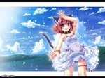  animal_ears bracelet cat_ears cat_tail cloud collar day etogami_kazuya fang highres jewelry ocean original rain red_eyes ribbon short_hair solo tail thigh_strap wallpaper wet wet_clothes 