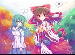  :o ? annoyed blush bow breast_envy breasts brown_eyes brown_hair detached_sleeves frog frown gradient_hair green_hair hair_bow hair_ornament hakurei_reimu highres impossible_clothes impossible_shirt kochiya_sanae large_bow letterboxed long_hair looking_away medium_breasts multicolored_hair multiple_girls necktie north_abyssor petals ribbon shirt snake spoken_question_mark spoken_squiggle squiggle tears touhou tree v_arms yellow_eyes 