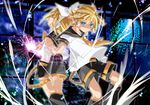  1girl blonde_hair blue_eyes bow brother_and_sister detached_sleeves hair_bow headphones hekicha kagamine_len kagamine_rin necktie short_hair shorts siblings twins vocaloid yellow_neckwear 