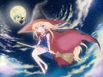  :d blue_eyes blush bracelet broom chachazero cloud evangeline_a_k_mcdowell full_body full_moon hat jewelry long_hair looking_at_viewer mahou_sensei_negima! mizutama moon multiple_girls night night_sky open_mouth sitting sky smile very_long_hair witch_hat 