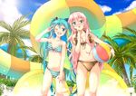  aqua_eyes aqua_hair ball beach beachball bikini blush cloud day front-tie_top hatsune_miku headset long_hair megurine_luka multiple_girls one_eye_closed outdoors pink_hair project_diva project_diva_(series) sky smile striped striped_bikini striped_swimsuit summer swimsuit swimwear_(module) tottsuan twintails v vocaloid 