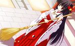  bell black_hair broom dutch_angle hair_bell hair_ornament hakama highres japanese_clothes kaguyama_hime long_hair miko nanao_naru ohimesama_navigation red_hakama solo wallpaper wide_sleeves yellow_eyes yin_yang 