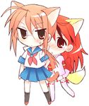  ahoge animal_ears blush blushing brown_hair cat_ears chibi chisame chisame_hasegawa couple dress duo female fox_ears foxgirl glasses hasegawa_chisame japanese_clothes kimono kitsunemimi knee_highs kneehighs long_hair low_res lowres mahou_sensei_negima mahou_sensei_negima! necktie negi_springfield negima nekomimi plain_background pony_tail ponytail red_eyes red_hair redhead sailor_fuku school_uniform sd seifuku serafuku skirt thigh_highs tie uniform white_background 