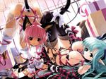  animal_ears breasts cat_ears copyright_request dark_skin elbow_gloves fingerless_gloves garter_belt gloves green_hair large_breasts lingerie long_hair lying miwa_yoshikazu multiple_girls navel open_mouth pink_hair pointy_ears ribbon short_hair smile tail thighhighs underwear 