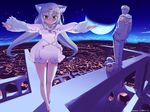  1girl animal_ears arch bare_legs barefoot blonde_hair blue_eyes breasts cat_ears cityscape creature crescent_moon green_eyes koume_keito lavender_hair long_hair moon night night_sky outstretched_arms planet see-through short_hair sky small_breasts spread_arms star very_long_hair wallpaper 