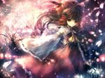  bow brown_eyes brown_hair detached_sleeves flower gohei hair_bow hakurei_reimu highres large_bow long_hair onineko oonusa petals smile solo touhou wallpaper 