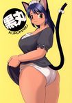  amber_eyes animal_ears ass blue_hair blush blushing bow cat_ears cat_tail chubby doujin fat highres kato_hayabusa kuromaru maid nekomimi plump short_hair skirt skirt_lift tail uniform yellow_eyes 