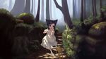 amami_mikihiro animal_ears black_eyes black_hair cat_ears cat_tail child forest frog nature open_mouth original paw_pose scenery short_hair solo tail tree 