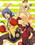  abs animal_ears armpits bikini_top blonde_hair blue_hair boxing_gloves breasts brown_eyes bunny_(trickster) bunny_ears bunny_tail cat_(trickster) cat_ears cat_tail detached_sleeves ear_piercing earrings headband heart imigimuru jewelry locked_arms long_hair looking_back medium_breasts midriff multiple_girls muscle one_eye_closed open_mouth piercing purple_eyes red_eyes short_hair sideboob single_earring skirt tail thighhighs trickster white_legwear zettai_ryouiki 