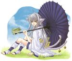  amber_eyes animal_ears bare_feet barefoot bell cat_ears catgirl frog grey_hair japanese_clothes kimono knee_highs kneehighs long_hair nekomata nekomimi silver_hair umbrella white_hair yellow_eyes 