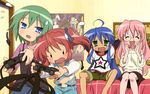  absurdres ahoge blue_eyes blue_hair glasses green_eyes green_hair highres iwasaki_minami izumi_konata kobayakawa_yutaka lucky_star mole mole_under_eye multiple_girls official_art pink_hair playing_games star takara_miyuki takemoto_yasuhiro video_game 