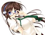  adjusting_eyewear arms_behind_back bad_id bad_pixiv_id blue_eyes breasts brown_hair glasses hairband kuon_itsuki large_breasts long_hair makinami_mari_illustrious necktie neon_genesis_evangelion rebuild_of_evangelion shirt solo 