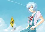  2h5roa ayanami_rei blue_hair cloud condensation_trail day neon_genesis_evangelion non-web_source red_eyes road_sign school_uniform short_hair sign sky solo translated wind 