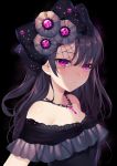 1girl achiki bare_shoulders black_background black_bow black_dress black_hair bow breasts cleavage closed_mouth collarbone dress expressionless hair_bow hair_ornament jewelry long_hair looking_at_viewer necklace original purple_eyes sanpaku sidelocks simple_background solo upper_body 
