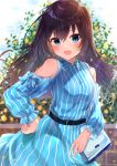  1girl :d bag bangs belt belt_buckle black_belt blue_dress blue_eyes blue_sky blurry blurry_background blush brown_hair buckle carrying cloud cloudy_sky commentary_request day depth_of_field dress earrings eyebrows_visible_through_hair flower gyozanuko hair_between_eyes handbag highres jewelry long_hair long_sleeves looking_at_viewer open_mouth original outdoors puffy_long_sleeves puffy_sleeves shoulder_carry sky smile solo striped vertical-striped_dress vertical_stripes very_long_hair yellow_flower 