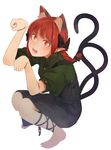  animal_ears barefoot black_bow black_dress black_ribbon bow braid buttons cat_ears cat_tail collared_shirt cross-laced_legwear dress fangs frilled_shirt_collar frills full_body green_shirt hair_bow hair_ribbon highres kaenbyou_rin kobaji leg_ribbon looking_at_viewer multiple_tails open_mouth paw_pose puffy_short_sleeves puffy_sleeves red_eyes red_hair ribbon sharp_toenails shirt short_sleeves sleeve_cuffs slit_pupils solo squatting strap tail toenails touhou tress_ribbon twin_braids two_tails 