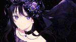  1girl achiki black_background black_choker black_hair choker collarbone floating_hair gem hair_ornament jewelry light_particles long_hair looking_at_viewer necklace original parted_lips purple_eyes sanpaku simple_background solo upper_body veil 
