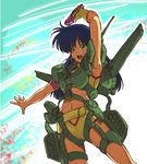  blue_hair dirty_pair female green_eyes gun jetpack long_hair shiki16n solo weapon yuri_(dirty_pair) 