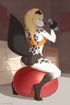  anthro blonde_hair breasts butt canine clothing female hair inside looking_at_viewer mammal side_boob sitting smile solo spefides tight_clothing water_bottle 