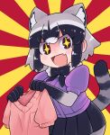  &gt;:) +_+ 1girl :d animal_ear_fluff animal_ears bangs blue_hair blue_skirt blush bodystocking bow bowtie commentary_request common_raccoon_(kemono_friends) flag fur_collar grey_hair highres holding ino_(tellu0120) kemono_friends macedonian_flag multicolored_hair no_gloves open_mouth pantyhose pink_sweater puffy_short_sleeves puffy_sleeves purple_sweater raccoon_ears raccoon_tail short_hair short_sleeves skirt smile solo sunburst sweater tail 