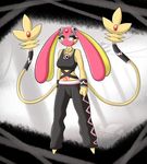  2016 absurd_res anthro anthrofied barefoot black_background bra clothed clothing cosplay eyeshadow fan_character female gem half-closed_eyes hi_res jewelry latiar legendary_pok&eacute;mon makeup mesprit multi_tail navel necklace nintendo pants plumeria pok&eacute;mon pok&eacute;morph simple_background solana solo tattoo team_skull underwear video_games white_background yellow_eyes 