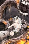  asymmetrical_horns beetarp black_legwear breasts cleavage hair_between_eyes heavy_cruiser_hime heavy_cruiser_summer_hime high_heels highres horns kantai_collection large_breasts long_hair monster shinkaisei-kan solo thighhighs white_hair white_skin yellow_eyes 