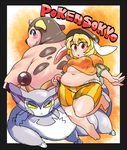  :&lt; :o \||/ animal_ears barefoot big_belly blonde_hair blue_eyes blush breasts bunny_ears closed_mouth cow_horns crossover fat floppy_ears gen_2_pokemon gen_4_pokemon hat hooves horns looking_at_viewer medium_breasts midriff miltank no_bra oasis_(magnitude711) plump poke_ball pokemon pokemon_(creature) purugly red_eyes ringo_(touhou) shirt shirt_lift short_hair shorts thick_thighs thighs touhou underboob v-shaped_eyebrows wind wind_lift 