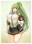  breasts brown_background brown_eyes eyebrows green_hair highres large_breasts long_hair monster_hunter original perky_breasts sachito smile solo sumi-chan_(sachito) thick_eyebrows thick_thighs thighs very_long_hair zipper 