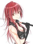  black_gloves blazing_heart_(elsword) breasts cleavage closed_mouth collarbone commentary_request crop_top elesis_(elsword) elsword from_side gloves holding holding_sword holding_weapon long_hair looking_at_viewer looking_to_the_side moyashi_(rina) red_eyes red_hair small_breasts smile solo sword weapon white_background 