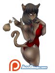  2019 5_fingers anthro bare_shoulders big_breasts big_butt black_hair breasts butt cleavage clothed clothing dress ecaflip felid female hair hairband jago_dibuja long_hair looking_at_viewer mammal miranda_(wakfu) nipple_outline patreon simple_background smile solo thong url video_games wakfu white_background 