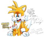  &lt;3 2016 anthro balls canine cum cumshot ejaculation english_text erection extraspecialzone fox male mammal miles_prower nude orgasm penis solo sonic_(series) text 