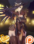  agawa_ryou alternate_costume blue_eyes bracelet breasts brown_gloves brown_legwear cleavage earrings elbow_gloves gloves hair_over_one_eye hat_over_one_eye jewelry large_breasts lips mechanical_wings mercy_(overwatch) overwatch patreon_logo smile solo thighhighs thighs watermark web_address wings witch_mercy 