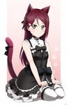  alternate_costume animal_ears bare_arms bare_shoulders black_bow black_neckwear blush bow bowtie cat_ears cat_tail commentary_request eyebrows gothic_lolita hair_bow hair_ornament hairclip highres kemonomimi_mode lolita_fashion long_hair looking_at_viewer love_live! love_live!_sunshine!! red_hair ribbon sakurauchi_riko seiza shiimai sitting solo tail tail_bow tail_ribbon yellow_eyes 