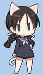  animal_ears bare_legs blue_background blue_eyes braid brave_witches brown_hair cat_ears cat_tail chibi freckles lowres misumi_miya school_uniform serafuku shimada_fumikane simple_background solo tail world_witches_series 
