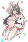  :p animal_ears arm_ribbon arm_up bikini black_hair blush bow bowtie breasts bunny_ears bunny_girl bunny_hair_ornament bunny_tail cleavage clenched_hand closed_mouth full_body fur_collar gloves groin hair_between_eyes hair_ornament high_heels long_hair looking_at_viewer maid_headdress medium_breasts navel orange_eyes original red_footwear red_ribbon ribbon shoes smile solo striped striped_bow striped_neckwear striped_ribbon swimsuit tail tajima_ryuushi thighhighs tongue tongue_out underwear very_long_hair white_background white_bikini white_gloves zipper 